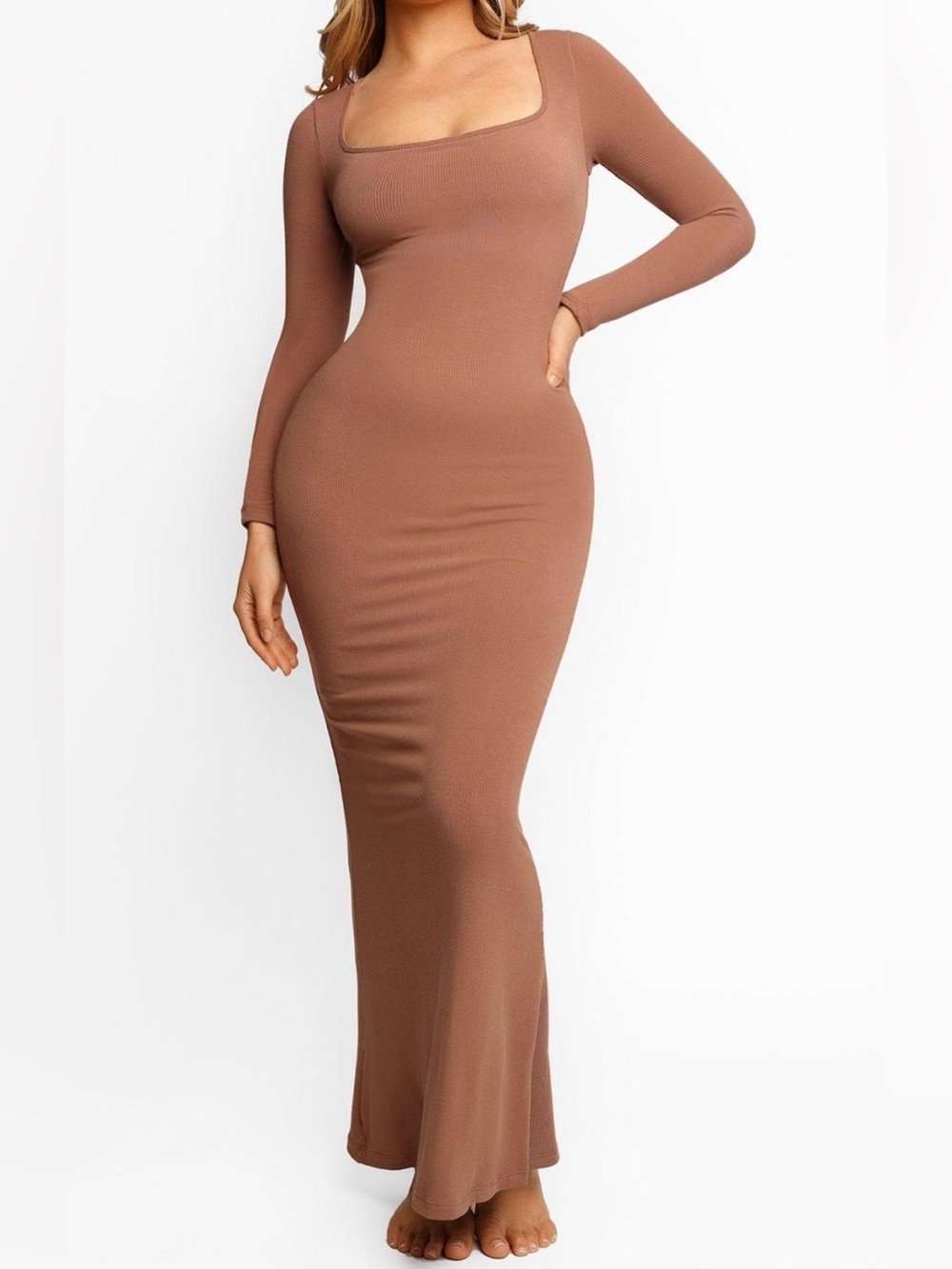 popilush brown Square Neck Long Sleeve Maxi Dress w/shapewear size X-Large NEW